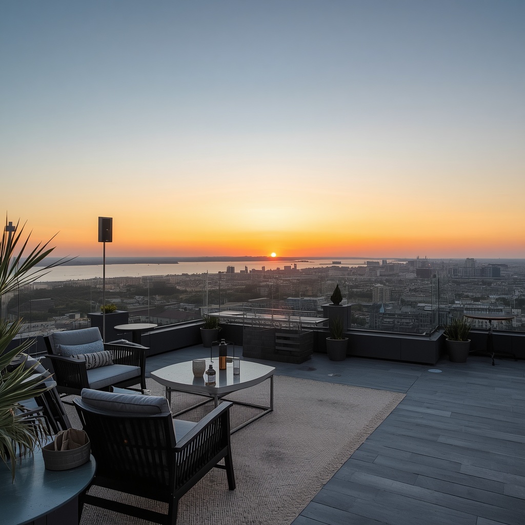 Outdoor terrace with comfortable seating and panoramic city views at golden hour